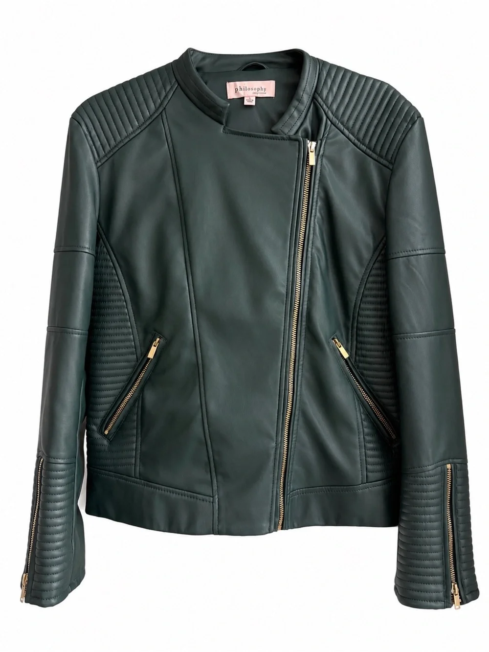 Philosophy Dark Green Faux Leather Moto Jacket Quilted Gold Zip Women’s - Picture 3 of 10